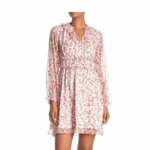 CeCe Floral Chiffon Tie-Neck Dress 12 Garden Party Ruffle Sheer Sleeve